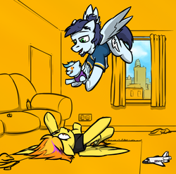 Size: 800x789 | Tagged: safe, artist:captainhoers, soarin', spitfire, oc, oc:concorde, pony, firestarter spitfire, g4, baby, baby pony, clothes, cute, daaaaaaaaaaaw, father and daughter, female, flying, flying lesson, male, mother and daughter, offspring, on back, parent:soarin', parent:spitfire, parents:soarinfire, ship:soarinfire, shipping, shirt, space shuttle, straight, tongue out