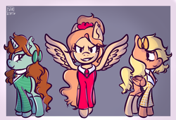 Size: 1024x696 | Tagged: safe, artist:violetec, pegasus, pony, unicorn, green, heather chandler, heather duke, heather mcnamara, heathers, heathers the musical, ponified, red, spread wings, wings, yellow