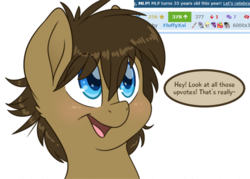 Size: 3500x2500 | Tagged: safe, artist:fluffyxai, oc, oc only, oc:spirit wind, earth pony, pony, derpibooru, blushing, high res, male, meta, simple background, smiling, speech bubble, stallion, white background