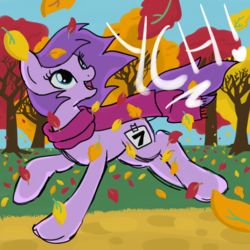 Size: 2100x2100 | Tagged: safe, artist:lannielona, pony, advertisement, autumn, clothes, commission, female, galloping, high res, leaf, leaves, looking back, mare, running, running of the leaves, scarf, sketch, solo, tree, your character here