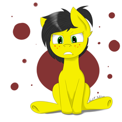 Size: 2000x2000 | Tagged: safe, artist:luriel maelstrom, oc, oc only, oc:uppercute, earth pony, pony, angry, freckles, high res, signature, simple background, sitting, solo