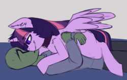 Size: 1280x814 | Tagged: safe, artist:duop-qoub, twilight sparkle, oc, oc:anon, alicorn, human, pony, descended twilight, g4, chest fluff, clothes, collar, description is relevant, female, female on top, floppy ears, grin, hug, immortality blues, looking at each other, lying down, male, mare, on top, pet play, pettwi, smiling, story included, twilight sparkle (alicorn), wings