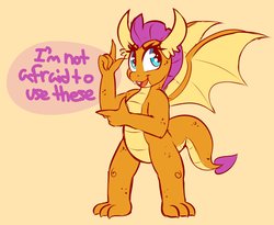 Size: 2430x1992 | Tagged: safe, artist:graphene, smolder, dragon, g4, dialogue, dragoness, female, finger gun, finger guns, juxtaposition bait, looking at you, open mouth, simple background, smiling, solo, standing