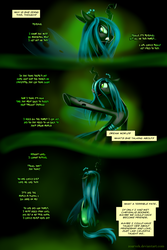 Size: 3000x4500 | Tagged: safe, artist:zoarvek, queen chrysalis, changeling, changeling queen, comic:the conquering of love, fanfic:the conquering of love, g4, comic, dialogue, fanfic, fanfic art, female, offscreen character, sitting