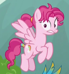 Size: 337x365 | Tagged: safe, screencap, bifröst, gallus, pegasus, pony, g4, school raze, background pony, cropped, female, flying, friendship student, mare, offscreen character, ponytail, solo focus, tail wrap, wide eyes