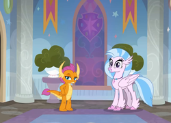 Size: 1001x720 | Tagged: safe, screencap, silverstream, smolder, classical hippogriff, dragon, hippogriff, g4, the hearth's warming club, dragoness, female, smiling, tail, wings