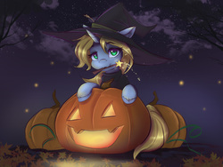 Size: 3200x2400 | Tagged: safe, artist:ardail, oc, oc only, oc:art's desire, pony, female, halloween, hat, high res, holiday, jack-o-lantern, mare, pumpkin, solo, witch, witch hat