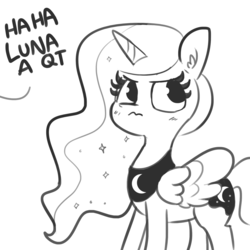 Size: 1280x1280 | Tagged: safe, artist:tjpones, princess luna, alicorn, pony, 3:, blushing, cute, dialogue, ear fluff, female, glare, i'm not cute, lineart, looking away, lunabetes, mare, monochrome, offscreen character, qt, simple background, solo, tsundere, tsunderuna, white background