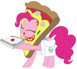 Size: 2055x1844 | Tagged: safe, artist:sonofaskywalker, pinkie pie, earth pony, pony, g4, school raze, clothes, costume, cute, eyes closed, female, food, mare, pizza, pizza box, pizza delivery, pizza pie, saddle bag, simple background, solo, transparent background, vector