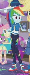 Size: 317x781 | Tagged: safe, screencap, applejack, fluttershy, rainbow dash, spike, spike the regular dog, dog, equestria girls, g4, my little pony equestria girls: better together, clothes, converse, cropped, feet, female, geode of fauna, geode of super speed, hoodie, legs, magical geodes, offscreen character, pants, sandals, shoes, smiling, sneakers