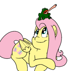 Size: 610x633 | Tagged: safe, artist:bennimarru, fluttershy, frog, pegasus, pony, g4, female, flat colors, fly (insect), folded wings, looking at something, looking up, lying down, mare, prone, simple background, sitting on head, smiling, solo, tongue out, transparent background, wings