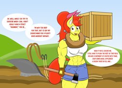 Size: 1280x928 | Tagged: safe, artist:matchstickman, apple bloom, earth pony, anthro, matchstickman's apple brawn series, tumblr:where the apple blossoms, g4, abs, apple brawn, axe, biceps, breasts, busty apple bloom, clothes, crate, deltoids, dialogue, farm, female, fingerless gloves, gloves, horse collar, jeans, looking at you, mare, muscles, older, older apple bloom, pants, short jeans, solo, talking to viewer, thunder thighs, triceps, tumblr, tumblr comic, weapon