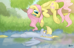 Size: 4000x2600 | Tagged: safe, alternate version, artist:fluffyxai, derpy hooves, fluttershy, pegasus, pony, g4, blushing, boop, cute, derpabetes, derpyshy, female, floating, lesbian, looking at each other, lying down, mare, reaching, river, sfw edit, sfw version, shipping, shyabetes, smiling, tree branch, water, wings