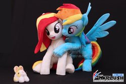 Size: 1200x800 | Tagged: safe, artist:nekokevin, rainbow dash, oc, oc:poniko, earth pony, pegasus, pony, rabbit, g4, duo, female, irl, mare, open mouth, photo, plushie, pointing, raised hoof, smiling, spread wings, underhoof, wings