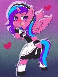 Size: 1200x1600 | Tagged: safe, artist:discordloveevil, oc, oc only, oc:melody aurora, alicorn, pony, alicorn oc, clothes, female, heart, heart eyes, maid, offspring, parent:flash sentry, parent:twilight sparkle, parents:flashlight, solo, tongue out, wingding eyes