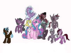 Size: 1200x900 | Tagged: safe, alternate version, artist:bunnyviolet218, princess flurry heart, oc, oc:gentle ace, oc:gleaming grace, oc:gleaming spear, oc:mythical glow, oc:mythical shine, oc:shimmering glow, oc:spirit bliss, oc:spirit flash, oc:streak ace, alicorn, earth pony, pegasus, pony, unicorn, g4, adult, alicorn oc, canon x oc, children, colt, couple, family, family photo, female, filly, flying, foal, husband and wife, magic, magic aura, male, mama flurry, married couple, multiple pregnancy, octuplets, offspring, offspring shipping, offspring's offspring, older, older flurry heart, parent:king sombra, parent:oc:shimmering glow, parent:princess flurry heart, parent:radiant hope, parents:canon x oc, parents:hopebra, pregnant, shipping, simple background, straight, white background