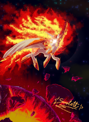 Size: 2550x3509 | Tagged: safe, artist:omega-scarlett, daybreaker, alicorn, pony, g4, digital art, female, fire, glowing eyes, high res, mane of fire, mare, solo, space