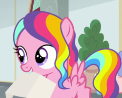 Size: 581x469 | Tagged: safe, screencap, rainbow harmony, pegasus, pony, g4, school raze, cropped, cute, female, filly, foal, mouth hold, rainbow hair, smiling, solo