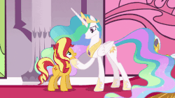 Size: 800x450 | Tagged: safe, screencap, princess celestia, sunset shimmer, alicorn, pony, unicorn, equestria girls, equestria girls series, forgotten friendship, animated, apology, armor, background pony, carpet, crown, cute, eye contact, eyes closed, female, forgiveness, frown, gif, helmet, hoof shoes, hug, it happened, jewelry, lidded eyes, looking at each other, looking down, male, mare, peytral, raised hoof, regalia, reunion, royal guard, royal guard armor, sad, saddle, shimmerbetes, smiling, stallion, standing, tack, tail, tail wrap, the prodigal sunset, throne room, unicorn royal guard, wings