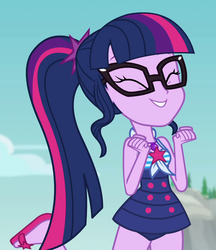 Size: 815x945 | Tagged: safe, screencap, sci-twi, twilight sparkle, equestria girls, equestria girls specials, g4, my little pony equestria girls: better together, my little pony equestria girls: forgotten friendship, adorkable, beach, clothes, cropped, cute, dork, excited, eyes closed, feet, female, flip-flops, geode of telekinesis, glasses, magical geodes, ponytail, raised leg, sandals, sci-twi swimsuit, smiling, swimsuit, twiabetes