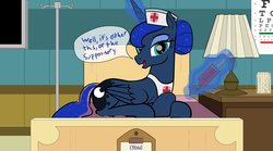 Size: 1948x1080 | Tagged: safe, artist:trash anon, princess luna, alicorn, pony, g4, alternate hairstyle, bed, eye chart, female, glowing horn, hair bun, horn, hospital, lamp, looking at you, magic, mare, needle, nightstand, nurse, nurse luna, open mouth, smiling, speech, syringe, talking to viewer, telekinesis, tongue depressor