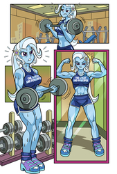 Size: 863x1277 | Tagged: safe, artist:art-2u, trixie, equestria girls, g4, abs, armpits, belly button, biceps, breasts, busty trixie, clothes, female, fit, flexing, grand and muscular trixie, gym, muscles, muscular female, pose, shorts, solo, sports bra, sports shorts, sweat, weight lifting, weights, workout, workout outfit