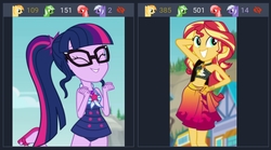 Size: 1194x663 | Tagged: safe, screencap, sci-twi, sunset shimmer, twilight sparkle, derpibooru, equestria girls, equestria girls specials, g4, my little pony equestria girls: better together, my little pony equestria girls: forgotten friendship, adorasexy, adorkable, arm behind head, beach, belly button, bikini, bikini top, clothes, cropped, cute, dork, eyes closed, feet, female, flip-flops, geode of empathy, geode of telekinesis, glasses, hand on hip, juxtaposition, meta, midriff, ponytail, pose, raised leg, sandals, sarong, sexy, shimmerbetes, shoulder bag, smiling, stomach, sunset selfie, swimsuit, twiabetes