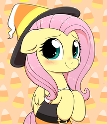 Size: 2002x2329 | Tagged: safe, artist:moozua, fluttershy, pegasus, pony, g4, blushing, candy, candy corn, cute, female, floppy ears, food, halloween, halloween costume, high res, holiday, mare, shyabetes, witch