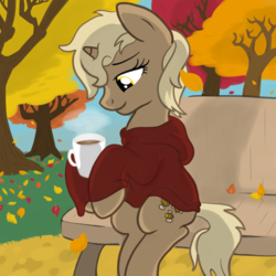 Size: 2100x2100 | Tagged: safe, artist:lannielona, oc, oc only, oc:honey bee, pony, unicorn, autumn, bench, chocolate, clothes, coffee, cottagecore, food, high res, hoodie, hoof hold, hot chocolate, sitting, solo, tea, tree, ych result
