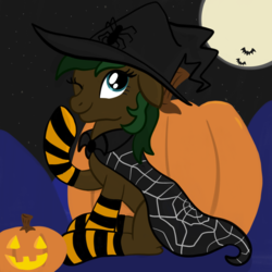 Size: 2100x2100 | Tagged: safe, artist:lannielona, oc, oc only, oc:rosetta spring, pony, cape, clothes, female, full moon, halloween, halloween costume, hat, high res, holiday, jack-o-lantern, mare, moon, night, nightmare night, one eye closed, pumpkin, socks, solo, striped socks, wink, witch hat, ych result