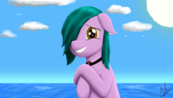 Size: 3840x2160 | Tagged: safe, artist:hovel, oc, oc only, oc:kissi, earth pony, pony, floppy ears, grin, hair over one eye, high res, nervous, nervous smile, smiling, solo