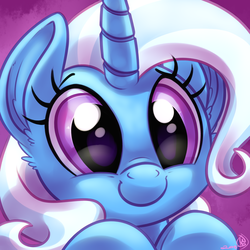 Size: 1800x1800 | Tagged: safe, artist:whitediamonds, trixie, pony, unicorn, g4, avatar, c:, commission, cute, daaaaaaaaaaaw, diatrixes, ear fluff, female, gradient background, head only, hooves, horn, looking at you, mare, missing accessory, purple background, purple eyes, simple background, smiling, solo, weapons-grade cute, whitediamonds is trying to kill us