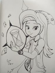 Size: 3120x4160 | Tagged: safe, artist:sundaw, starlight glimmer, human, equestria girls, g4, female, hourglass, magic, monochrome, smiling, solo, traditional art