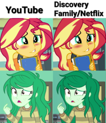 Size: 720x843 | Tagged: safe, sunset shimmer, wallflower blush, equestria girls, equestria girls specials, g4, my little pony equestria girls: better together, my little pony equestria girls: forgotten friendship, blushing, book, color error, comparison, discovery family, netflix, youtube