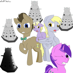 Size: 2000x2000 | Tagged: safe, artist:luriel maelstrom, amethyst star, derpy hooves, dinky hooves, doctor whooves, sparkler, time turner, earth pony, pegasus, pony, unicorn, g4, bowtie, dalek, doctor who, female, high res, male, scared, signature, simple background, surrounded, the doctor, white background