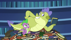 Size: 1280x720 | Tagged: safe, screencap, sludge (g4), spike, dragon, father knows beast, g4, book, winged spike, wings