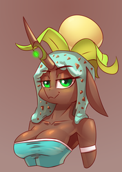 Size: 2480x3508 | Tagged: safe, artist:underpable, oc, oc only, oc:physalis, changeling, changeling queen, original species, anthro, armpits, breasts, bust, changeling queen oc, changelingified, chocolate, chocolate changeling, cleavage, clothes, dress, female, food, food changeling, high res, ice cream, ice cream changeling, mint, mint chocolate chip, not chrysalis, physalis, solo, species swap
