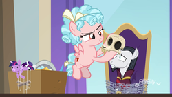 Size: 1920x1080 | Tagged: safe, screencap, chancellor neighsay, cozy glow, pegasus, pony, g4, school raze, chains, chair, doll, female, filly, skull, spoiler, toy