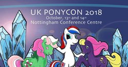 Size: 960x502 | Tagged: safe, oc, oc:britannia (uk ponycon), earth pony, pony, unicorn, uk ponycon, uk ponycon 2018, g1, female, mare, mascot, nottingham, raised hoof, united kingdom, unshorn fetlocks