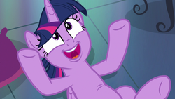 Size: 1280x720 | Tagged: safe, screencap, twilight sparkle, alicorn, pony, a health of information, g4, my little pony: friendship is magic, cute, excited, female, lying down, on back, pillow, smiling, solo, twiabetes, twilight sparkle (alicorn)