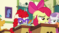 Size: 1280x720 | Tagged: safe, screencap, apple bloom, scootaloo, snails, snips, sweetie belle, twist, pony, unicorn, g4, my little pony: friendship is magic, the cart before the ponies, colt, desk, glasses, male