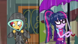 Size: 1280x720 | Tagged: safe, screencap, sci-twi, sunset shimmer, twilight sparkle, equestria girls, g4, monday blues, my little pony equestria girls: summertime shorts, clothes, door, duo, geode of telekinesis, glasses, hoodie, ponytail, umbrella