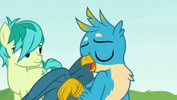 Size: 1280x720 | Tagged: safe, screencap, gallus, sandbar, earth pony, griffon, pony, g4, non-compete clause, chest fluff, cutie mark, eyes closed, male, teenager, wings