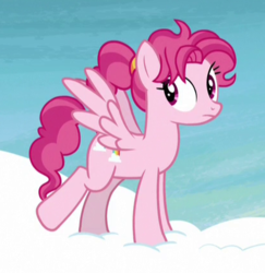 Size: 414x426 | Tagged: safe, screencap, bifröst, pegasus, pony, g4, school raze, background pony, cloud, cropped, curly hair, cutie mark, female, friendship student, hooves, looking back, mare, on a cloud, ponytail, raised leg, solo, spread wings, standing on a cloud, wings