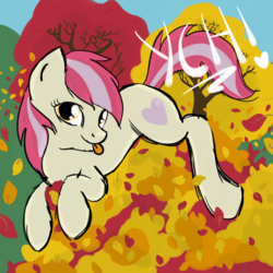Size: 2100x2100 | Tagged: safe, artist:lannielona, pony, :p, autumn, commission, female, high res, leaf, leaf pile, leaves, looking at you, mare, silly, solo, tongue out, tree, your character here
