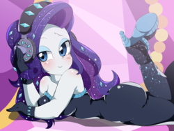 Size: 1600x1200 | Tagged: safe, artist:umejiru, rarity, equestria girls, g4, my little pony equestria girls: better together, the other side, ass, bare shoulders, breasts, butt, clothes, cute, fabulous, female, gloves, headphones, high heels, raribetes, rearity, scene interpretation, sexy, shoes, sleeveless, solo, strapless, stupid sexy rarity
