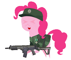 Size: 1280x1080 | Tagged: safe, artist:dsiak, pinkie pie, earth pony, pony, g4, animated, assault rifle, clothes, female, gun, medal, pointy ponies, rifle, simple background, soldier, transparent background, vibrating, weapon