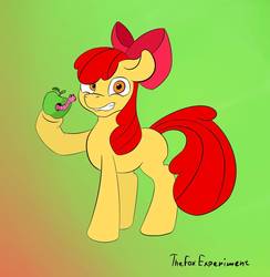 Size: 1052x1080 | Tagged: safe, artist:the-fox-experiment, apple bloom, worm, g4, apple, bow, food, nervous, simple background