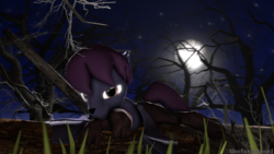 Size: 1920x1080 | Tagged: safe, artist:thefakedreel, oc, oc only, oc:nyn indigo, bat pony, hybrid, original species, timber pony, timber wolf, 3d, forest, grin, looking at you, lying down, male, moon, night, smiling, solo, species swap