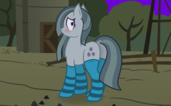Size: 2625x1634 | Tagged: safe, artist:brianblackberry, artist:slb94, marble pie, earth pony, pony, g4, blushing, butt, clothes, dock, embarrassed, female, marblebutt, plot, show accurate, socks, solo, striped socks, walking